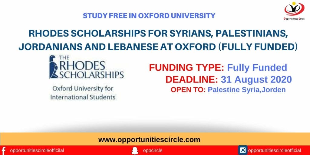 Rhodes Scholarships for Syrians, Palestinians, Jordanians and Lebanese at Oxford (Fully Funded)